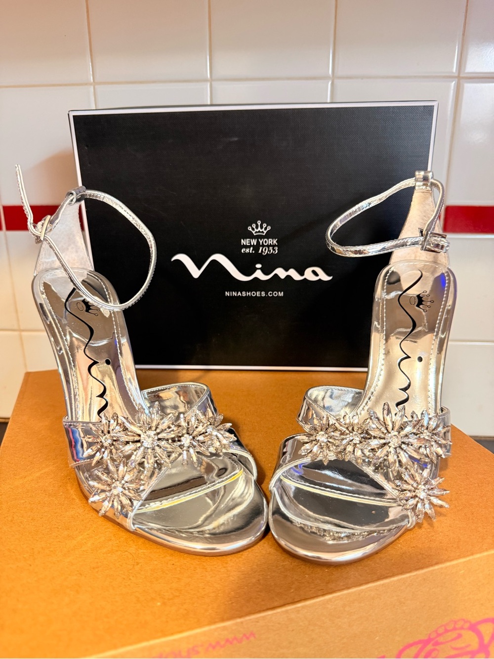 Nina Silver Crystal Floral Ankle-Strap Heels
